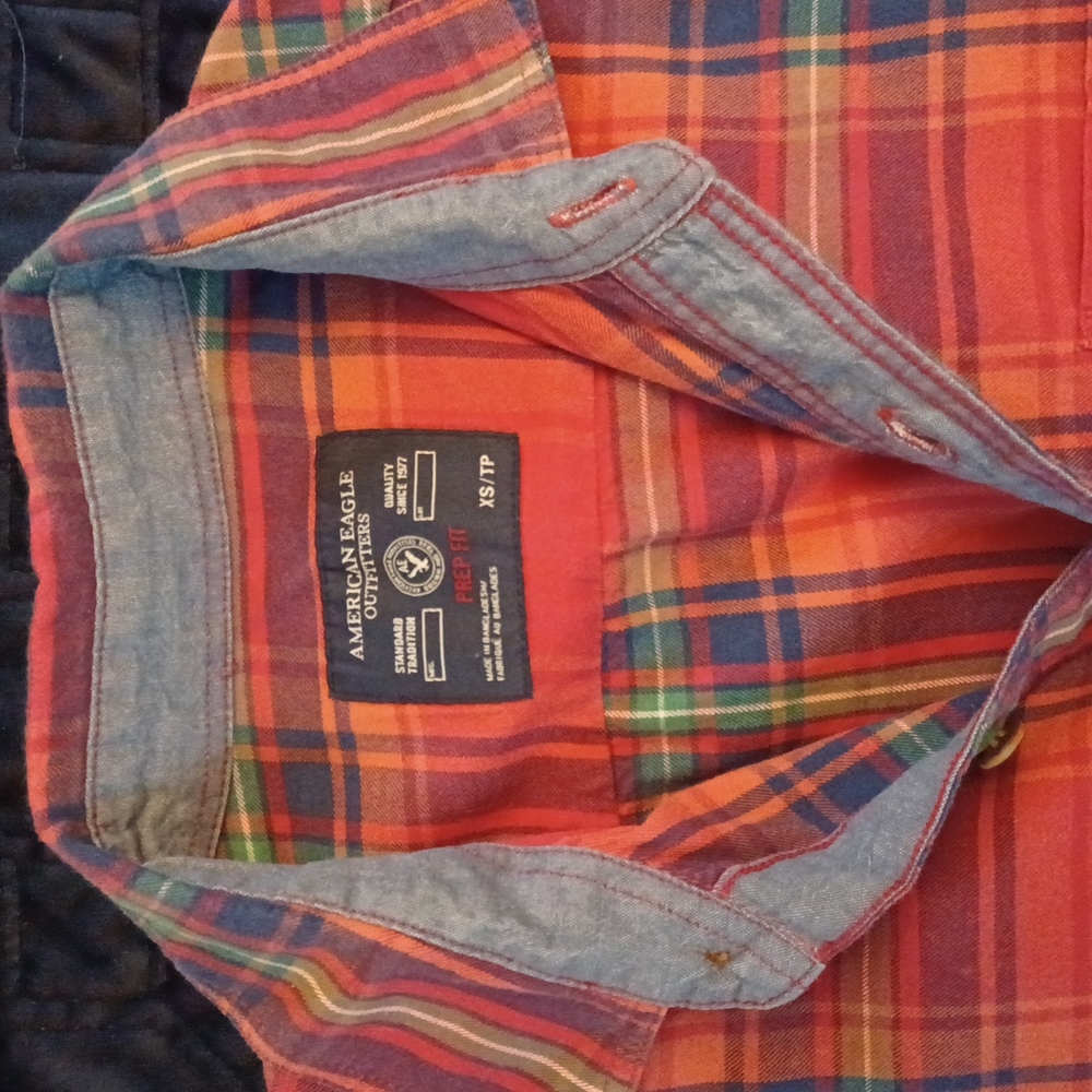 American Eagle Prep Fit Orange Plaid Button - Picture 1 of 8